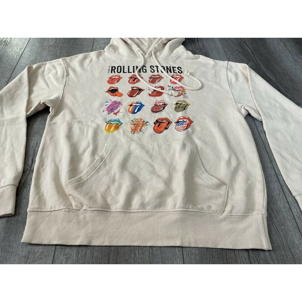 The Rolling Stones Tongue Evolution Logo Beige Unisex Adult Pullover Hoodie - Picture 3 of 5
